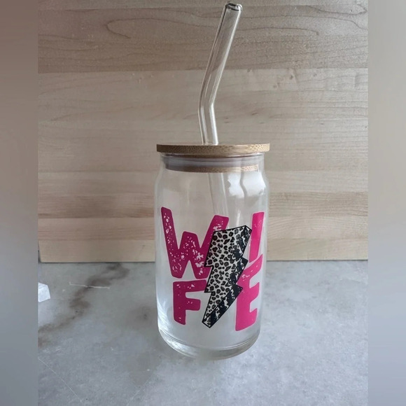 NEW Glass cup and straw with bamboo lid- WIFE - Picture 1 of 1